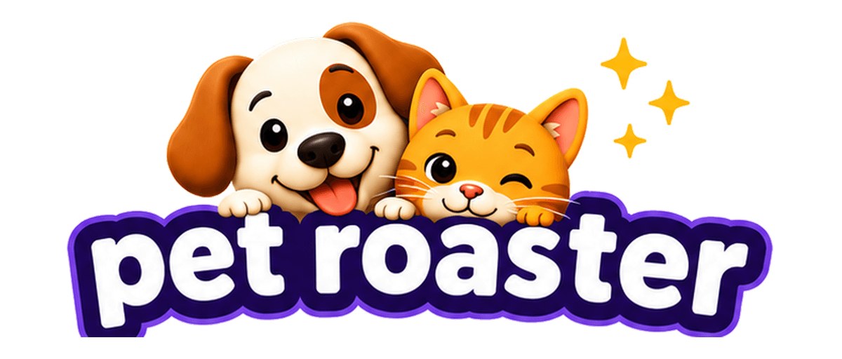 Pet Roaster logo: a grinning puppy and a winking orange tabby peering over the Pet Roaster wordmark